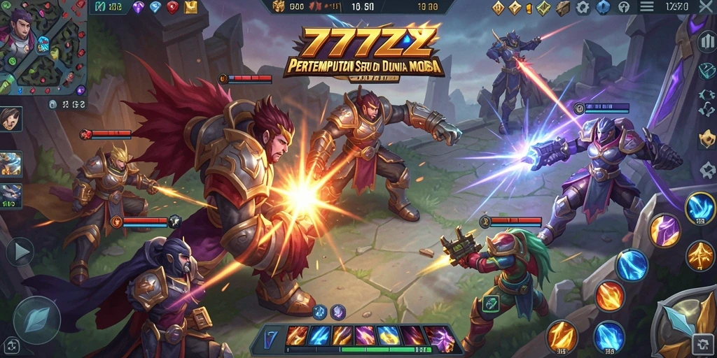 Screenshot gameplay 777ZX menampilkan pertempuran MOBA yang intens.
