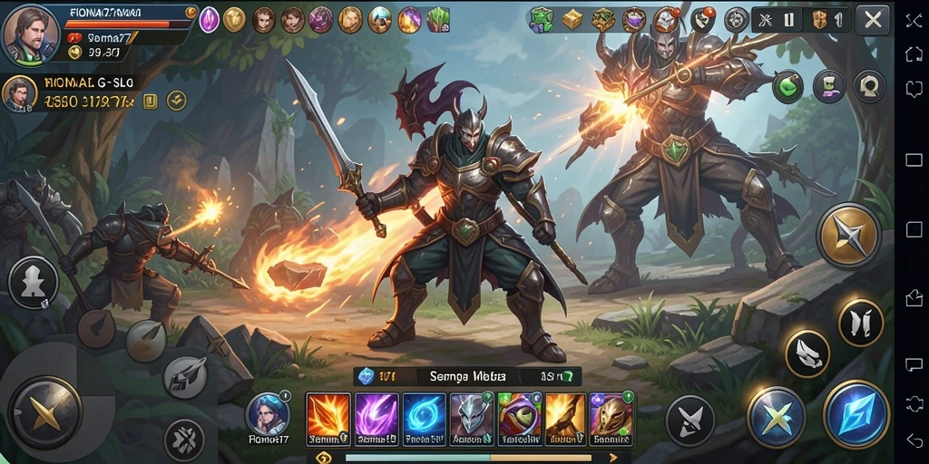Tangkapan layar utama FIONA77 menunjukkan pertempuran epik dalam gameplay.