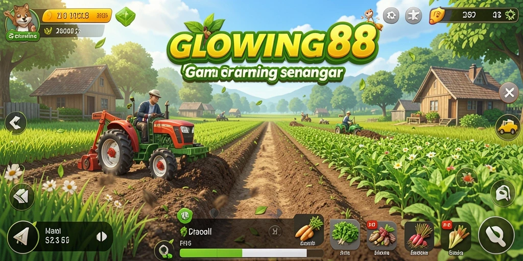 Screenshot gameplay GLOWIN88 menunjukkan lahan pertanian yang rimbun dan tanaman subur.
