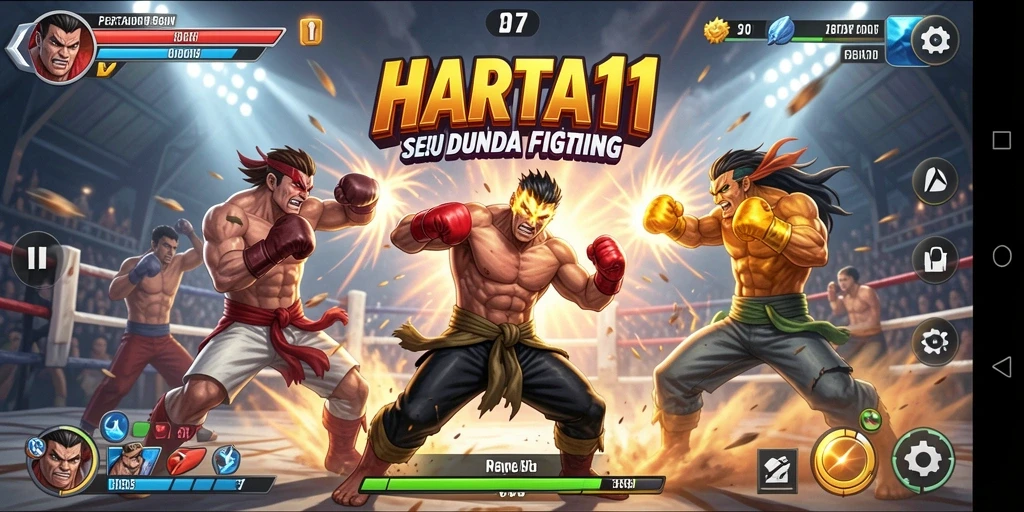 Screenshot gameplay HARTA11 menampilkan pertarungan yang intens dan karakter unik.