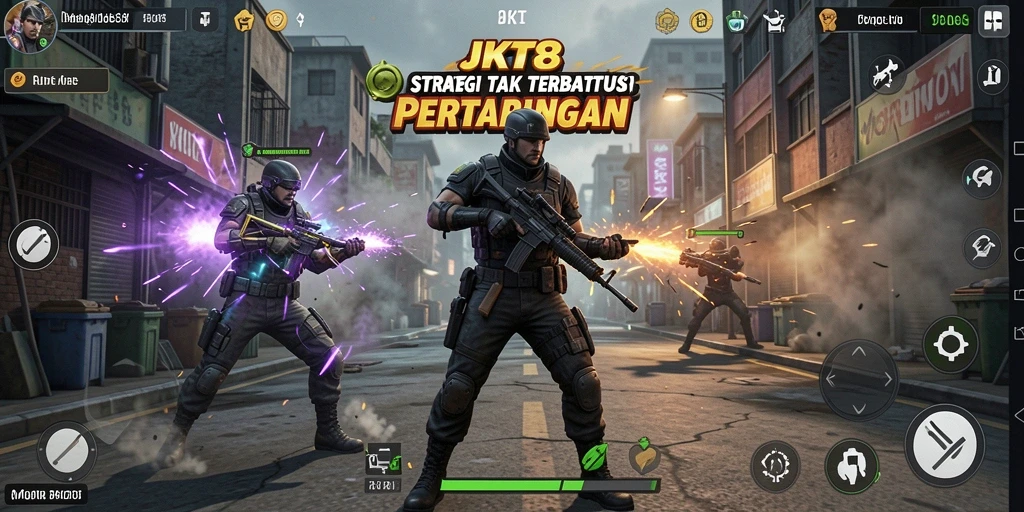 Screenshot menunjukkan aksi intens di medan perang JKT8.