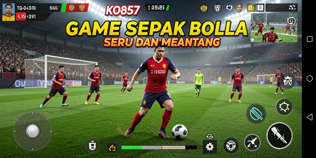 Tangkapan layar gameplay KO857 yang menunjukkan aksi sepak bola yang mendebarkan.