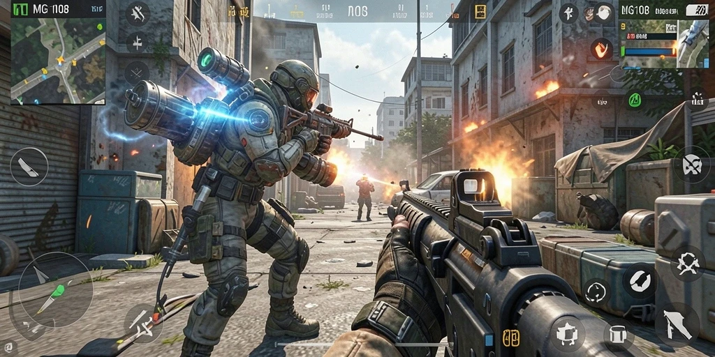 Tampilan gameplay mendebarkan dalam MG108 dengan aksi tembak-menembak yang intens.