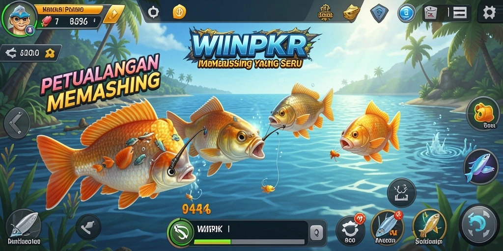 Tampilan gameplay menarik di <strong>WINPKR</strong> saat menangkap ikan besar di lautan.